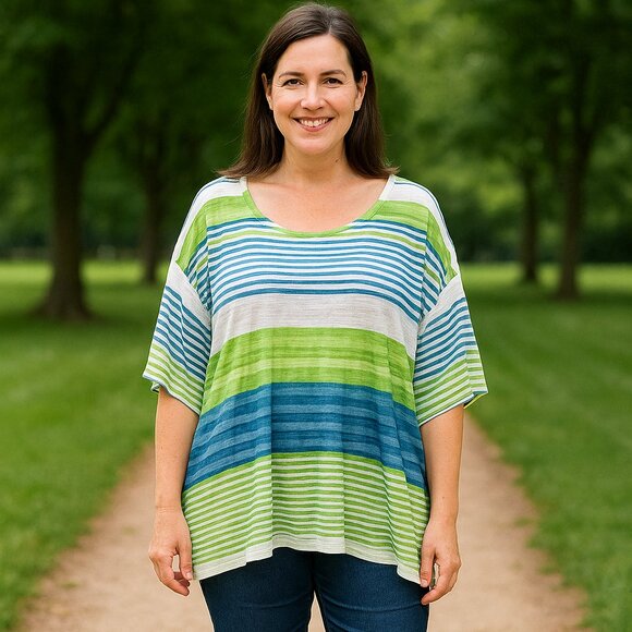 Coldwater Creek Multicolor Striped XL Crop Top Lagun Boxy Nautical Popover Boho - Picture 1 of 9